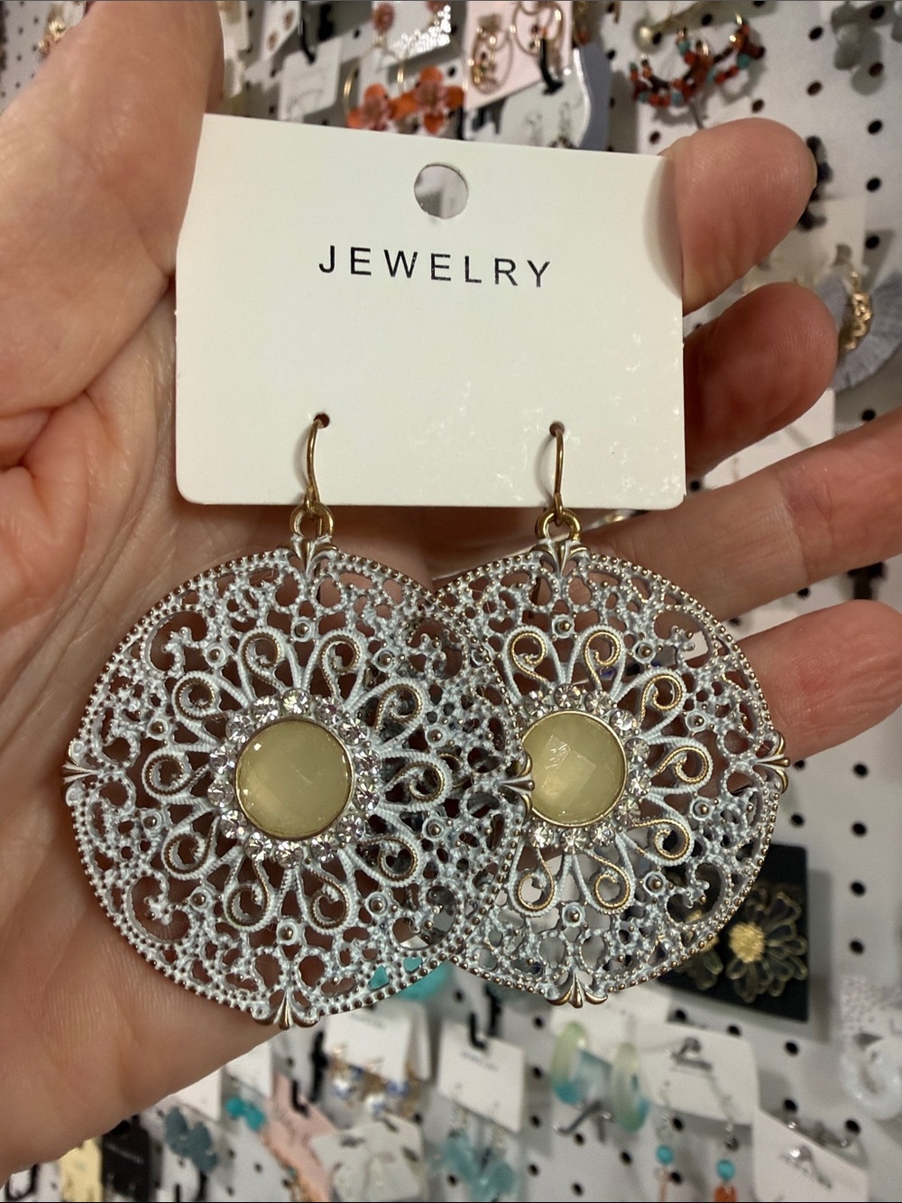 CARVED METAL HOOK EARRINGS RHINESTONE WHITEWASHED DANGLE ROUND BEIGE GEMSTONE CT